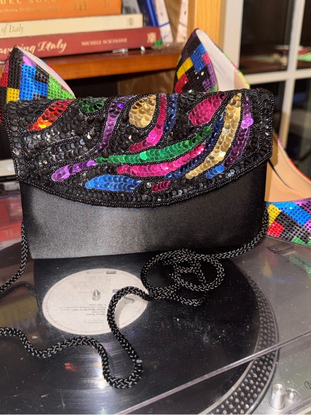Vintage Rainbow Sequined Sequin Black Evening Clutch shoulder Bag Purse